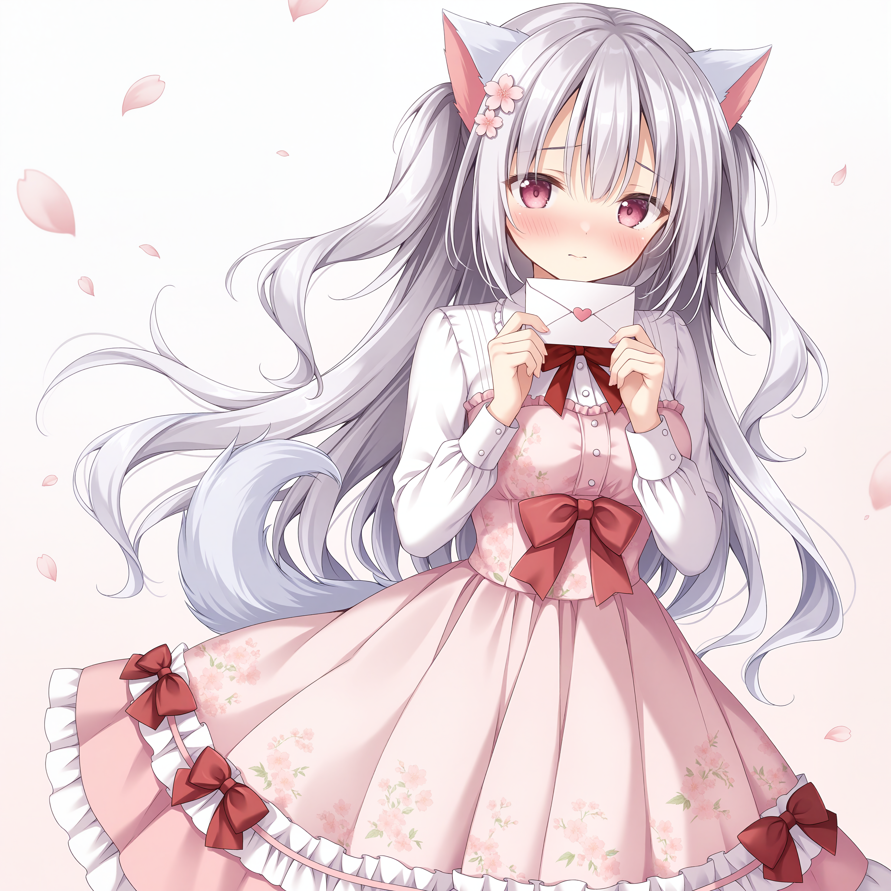 <lora:Kohana_1_nai-000026:1>,Kohana \(Amairo Chocolata\),two side up,cat ears,dog tail,hair ornament,hair flower,
pink dress,long sleeves,floral print,red bow,white shirt,frilled dress,dress bow,chest bow,pink bow,red bowtie,collared shirt,sleeve cuffs,print dress,white frills,pink frills,
1girl,solo,cherry blossoms,falling petals,simple background,looking at viewer,shy,blush,holding letter,love letter,
