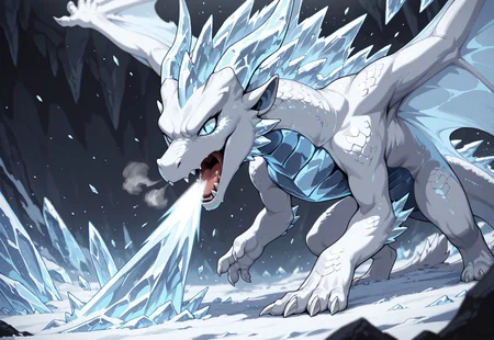 masterpiece, best quality, amazing quality, solo, no humans, angry expression, long snout, pointy scales, dark cave, skinny, 
dragon,feral, white dragon, blue eyes, slit pupils, wings, frost dragon, menacing, (massive ice horns:1.2), closeup, open mouth, long fangs, roaring, (cone of cold), (blowing, breath weapon, destruction, flying ice shards), depth of field, freezing, bokeh, snow particles, dynamic angle, foreshortening, freezing mist, dutch angle, 