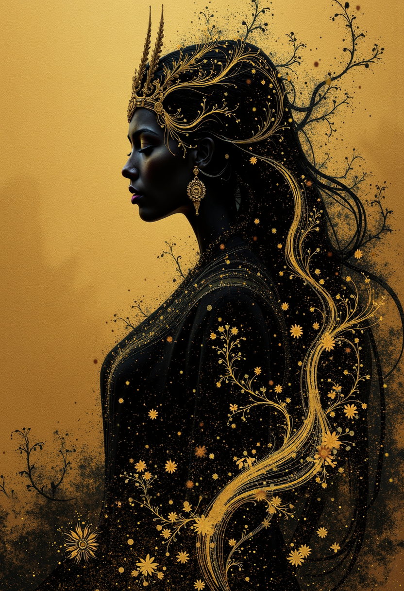 A dark-skinned woman, in profile view, with a crown of gold ornate details, and long, elegant black hair. The hair is depicted with gold streaks and patterns, like flowing vines and flowers. The crown and hair adornment have a textured, ornate quality, seemingly made of gold. Her eyes are closed, and she wears ornate gold earrings. She is draped in a flowing black garment, or robe, with similar gold embellishment in the form of vines and floral designs throughout the robe which flows around her figure. The background is a golden, textured, hazy backdrop, with splashes of gold and black paint, creating a sense of depth. The style is impressionistic, with a focus on mood and atmosphere more than photographic precision. The color palette is primarily golds, blacks, and deep browns. Use soft lighting and delicate lines for ornamentation. Add a few scattered gold flakes and little floral accents all throughout the image as a suggestion of a lush, ornate background. A golden and black palette with a mystical, otherworldly, and regal aura.<lora:boFLUX Golden Noir Abyss.safetensors:1.0:1.0>