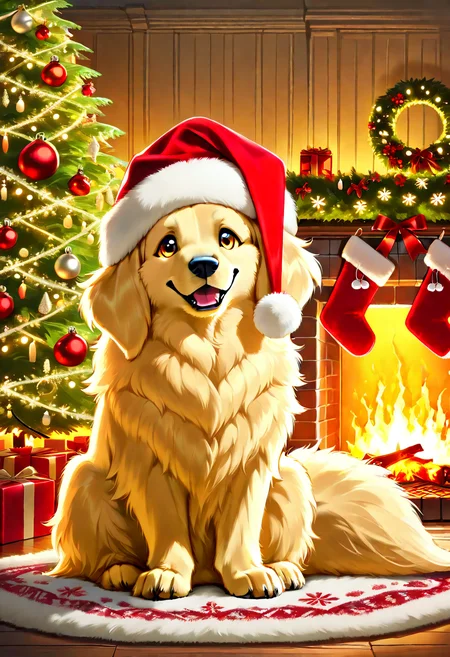 Animal Christmas, masterpiece, best quality, A fluffy golden retriever wearing a Santa hat, sitting by a crackling fireplace and a glowing Christmas tree.