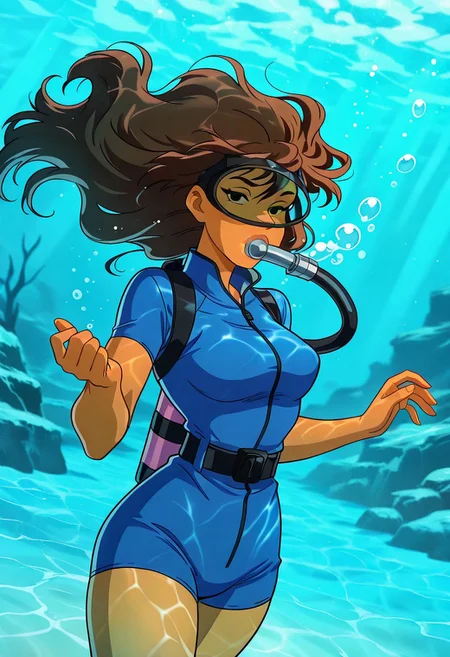 JessicaSDCS, 1girl, solo, athletic body, tan skin, long hair, brown hair, bangs, black eyes, full lips, large breast, thick thighs, large butt, blue short wetsuit, diving mask, breathing tube, oxygen tank on back, diving fins, belt,
,seductive pose, sexy pose, tease,
masterpiece, best quality, fine details, intricate details, depth of field, subsurface scattering, bokeh,
ultra-detailed, very aesthetic, detailed background, newest, scenery, highres, absurdres, colorful, vibrant, glowing, perfect face, 2d, perfect eyes, vibrant saturated colors, volumetric lighting, sharp, detailed eyes, perfect anatomy, perfect face, perfect eyes, mature body, clear eyes, beautiful eyes, athletic, curvy body, athletic girl, perky tits, perfect tits, round breasts, pinup pose, teasing, lustful expression, perfect hands,
muscular female, dutch angle,
underwater, diving, diving under water, bubbles,
,Smooth Negative, Smooth_Quality,
90s_anime_aesthetic, 1990s (style), dark_fantasy_style, dark fantasy, retro,