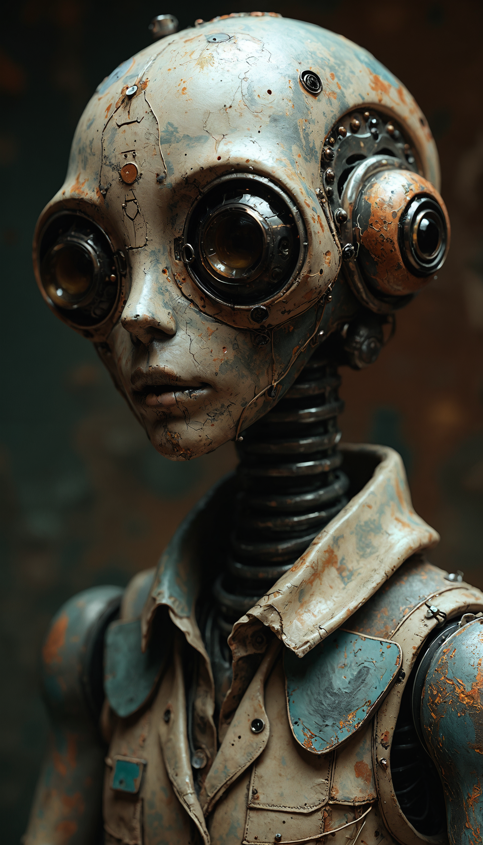 A detailed, steampunk-inspired sculpture of a humanoid robot. The robot's head is intricately designed, featuring large, round, circular eyes and a textured, metallic surface. The color palette consists of earthy tones: browns, grays, and muted blues, creating a vintage and industrial aesthetic. The sculpture's face is detailed, with a neutral expression and a slightly downturned mouth. The humanoid wears a worn-out shirt with a small, rectangular tag attached to the collar. The background is blurred, highlighting the robot as the central subject. The image evokes a sense of mystery and intrigue, as if the robot is in a state of deep thought or contemplation.