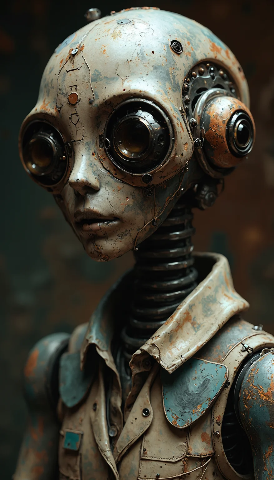 A detailed, steampunk-inspired sculpture of a humanoid robot. The robot's head is intricately designed, featuring large, round, circular eyes and a textured, metallic surface. The color palette consists of earthy tones: browns, grays, and muted blues, creating a vintage and industrial aesthetic. The sculpture's face is detailed, with a neutral expression and a slightly downturned mouth. The humanoid wears a worn-out shirt with a small, rectangular tag attached to the collar. The background is blurred, highlighting the robot as the central subject. The image evokes a sense of mystery and intrigue, as if the robot is in a state of deep thought or contemplation.