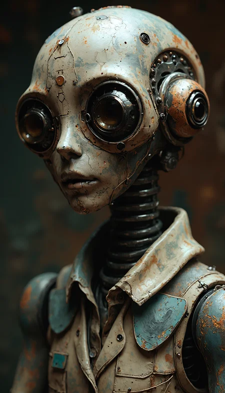 A detailed, steampunk-inspired sculpture of a humanoid robot. The robot's head is intricately designed, featuring large, round, circular eyes and a textured, metallic surface. The color palette consists of earthy tones: browns, grays, and muted blues, creating a vintage and industrial aesthetic. The sculpture's face is detailed, with a neutral expression and a slightly downturned mouth. The humanoid wears a worn-out shirt with a small, rectangular tag attached to the collar. The background is blurred, highlighting the robot as the central subject. The image evokes a sense of mystery and intrigue, as if the robot is in a state of deep thought or contemplation.
