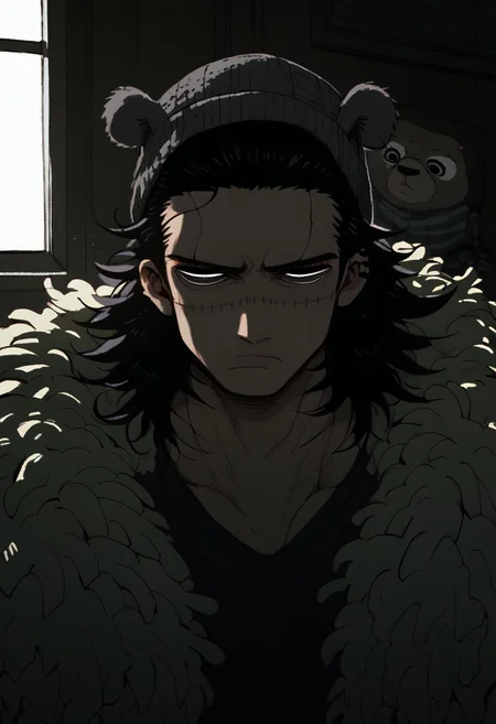 score_9, score_8_up, score_7_up, hyper detailed face, score_6, score_5, anime, perfect face, perfect anatomy, perfect eyes, dark theme, 1boy, solo, upperbody, closeup, athletic, indoors, messy hair, spiky hair, black hair, ((black_eyes)), serious, tired eyes, male focus, relaxed, stitches, scars, (((light grey beanie, gray_bear_ears, Croco_scar, gray animal hat, animal beanie, koala hat, koala beanie, fur ears, fur pompoms))), fully clothed, forehead, looking at viewer