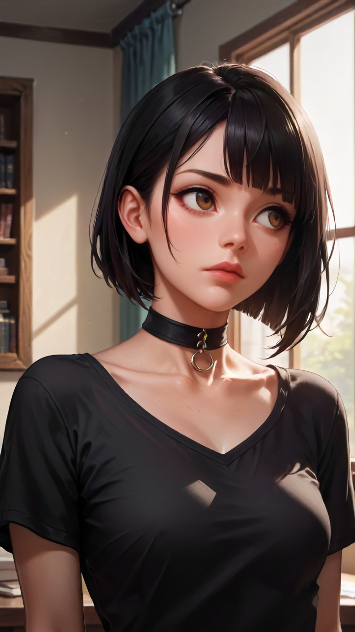 concept art, dark theme, low light, ((score_9), score_8_up, score_7_up), score_6_up, score_4_up, score_5_up, 1girl, solo, short hair, choker, bob cut, brown eyes, brown hair, upper body, lips, shirt, black choker, black shirt, closed mouth, bangs, short sleeves, looking away, nose, indoors, jewelry, black hair, looking to the side, blunt bangs, <lora:sinfully_stylish_SDKL:0.8> <lora:Concept Art DarkSide Style LoRA_Pony XL v6:0.8>