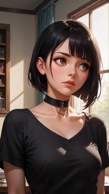 concept art, dark theme, low light, ((score_9), score_8_up, score_7_up), score_6_up, score_4_up, score_5_up, 1girl, solo, short hair, choker, bob cut, brown eyes, brown hair, upper body, lips, shirt, black choker, black shirt, closed mouth, bangs, short sleeves, looking away, nose, indoors, jewelry, black hair, looking to the side, blunt bangs, <lora:sinfully_stylish_SDKL:0.8> <lora:Concept Art DarkSide Style LoRA_Pony XL v6:0.8>