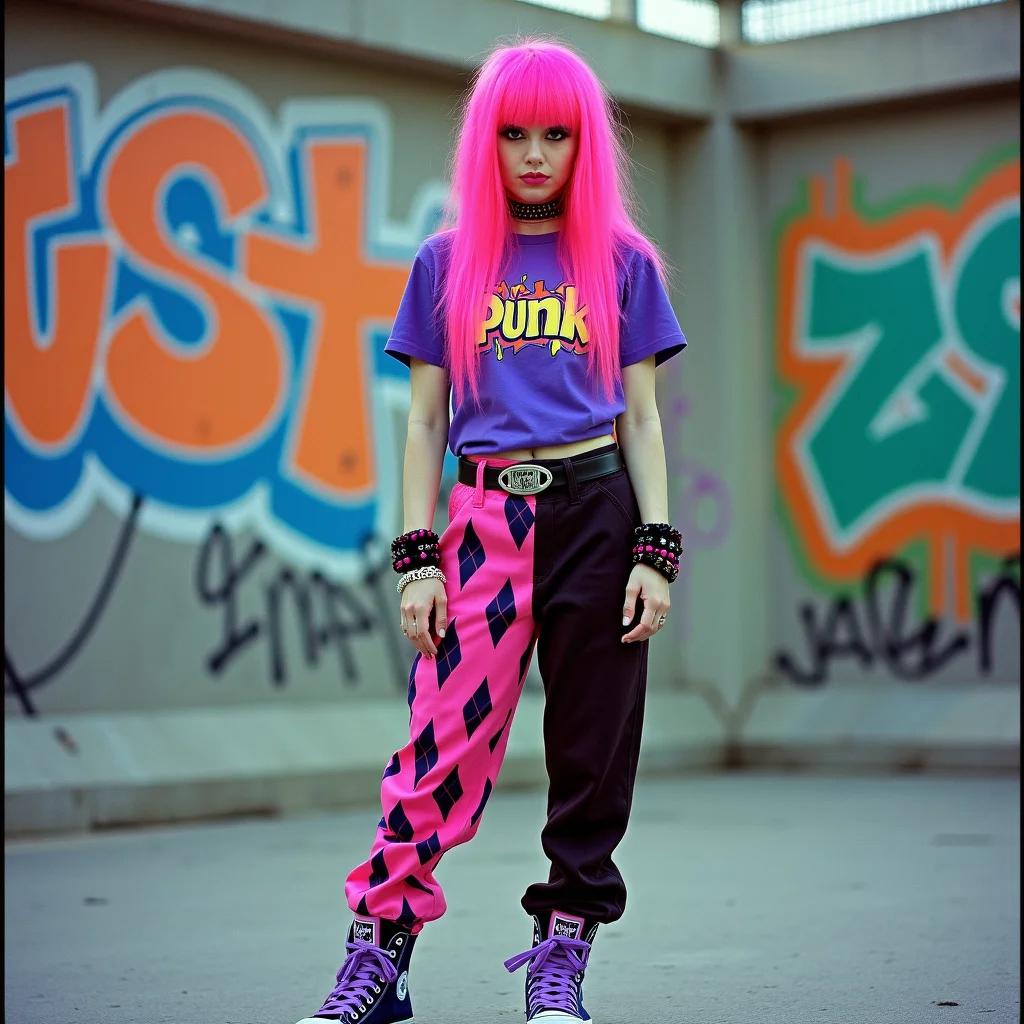 The image is a photograph of a Mexican emo woman standing in an urban outdoor setting, adorned with vibrant and eclectic fashion. She has striking, long, straight, neon pink hair that cascades over her shoulders. Her outfit is equally bold: she wears a purple T-shirt featuring a colorful, retro-inspired graphic design with the word "Punk" in large, bold letters. Her pants are a striking combination of bright pink and black, featuring a diamond pattern that adds a playful, edgy touch. Completing her look are purple high-top sneakers with white accents and a black and pink sneaker logo.
Accessories include a black and pink bracelet on her left wrist, a matching pink and black wristband on her right wrist, and a black and pink belt with a large, silver buckle. Her makeup is bold, with dark eyeliner and bright pink lipstick. The background features a concrete wall covered in colorful graffiti, predominantly in shades of orange, blue, and green, with abstract and stylized designs. The overall aesthetic of the image is a blend of punk and street art, reflecting a youthful, rebellious, and eclectic style. taken with a Yashica T4 on Fujifilm Superia 400 film, is soft and pastel-toned with a ghostly atmosphere. The lighting is flat and cool, creating a washed-out palette that enhances the surrealism of the abandoned setting.
<lora:Emo_girls_-_flux-000012:1> em0g1rls, em0
