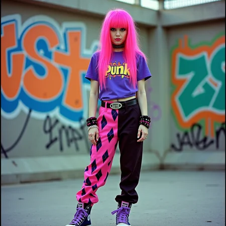 The image is a photograph of a Mexican emo woman standing in an urban outdoor setting, adorned with vibrant and eclectic fashion. She has striking, long, straight, neon pink hair that cascades over her shoulders. Her outfit is equally bold: she wears a purple T-shirt featuring a colorful, retro-inspired graphic design with the word "Punk" in large, bold letters. Her pants are a striking combination of bright pink and black, featuring a diamond pattern that adds a playful, edgy touch. Completing her look are purple high-top sneakers with white accents and a black and pink sneaker logo.
Accessories include a black and pink bracelet on her left wrist, a matching pink and black wristband on her right wrist, and a black and pink belt with a large, silver buckle. Her makeup is bold, with dark eyeliner and bright pink lipstick. The background features a concrete wall covered in colorful graffiti, predominantly in shades of orange, blue, and green, with abstract and stylized designs. The overall aesthetic of the image is a blend of punk and street art, reflecting a youthful, rebellious, and eclectic style. taken with a Yashica T4 on Fujifilm Superia 400 film, is soft and pastel-toned with a ghostly atmosphere. The lighting is flat and cool, creating a washed-out palette that enhances the surrealism of the abandoned setting.
<lora:Emo_girls_-_flux-000012:1> em0g1rls, em0