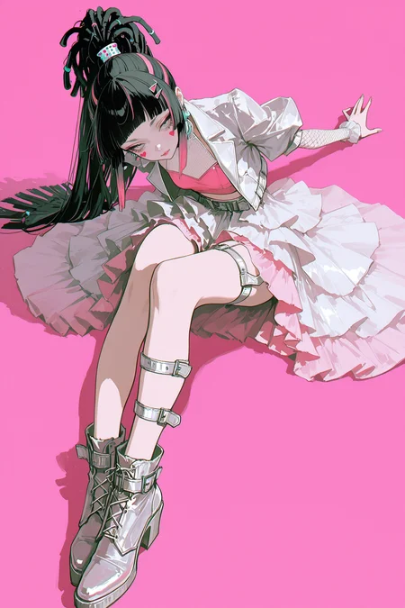arutera, rella, (dino_(dinoartforame):0.8),   best quality, masterpiece, very awa, absurdres,  <lora:high_detailILL:0.6> high_detail, <lora:Niji_oil_painting_drawing-anime:0.8>, cyber punk style,  rebellious, and edgy, chromatic aberration, Overlayed with retro VHS static effects and glitch textures, film grain,  <lora:VHSnoise_IL:0.4> <lora:nhl-001:0.4>, dynamic shot, dynamic pose, perspective,  turning body, twisting body
cool girl, solo, full body, black hair, Stylized dreadlocks, decorated with beadsï¼hime cut,  pink highlights, colorful hair clips, bangs above eyebrows, high ponytail, grey eyes, wearing a voluminous white long dress, wedding gown style, puffy layered skirt, asymmetrical hemline, short front edge, tulle and chiffon fabric, short jacket, leather shoes, belt on the leg, leg belt,
lying on the floor in a seductive crawl pose, arms stretched forward, legs bent upward, playful feet in the air, long straight pink hair, pink crop top and skirt, mesh arm sleeves, heart stickers on cheeks, dreamy expression, y2k aesthetic, soft pink background, studio lighting