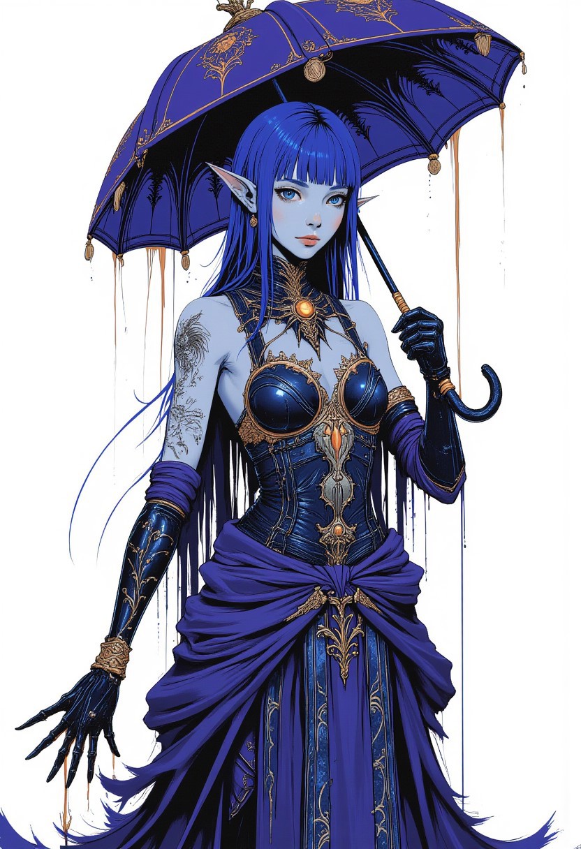 Highly detailed digital illustration in a dark gothic fantasy style. A female character with pale skin, long straight midnight blue hair with bangs, and pointed ears, suggesting an elven or mystical nature. She wears deep violet armor with gold accents, featuring a high-collared sleeveless top and a flowing layered skirt. The armor is adorned with intricate patterns resembling moonlit vines and celestial motifs. She holds a large dark blue parasol with elaborate silver designs, casting a mysterious shadow over her face. Her right arm has a detailed silver phoenix tattoo that faintly glows. Her left arm is wrapped in a dark indigo leather-like gauntlet with elegant golden filigree. The stark white background creates a strong contrast, emphasizing her presence. Rich textures throughout: the metallic sheen of her armor, the silky smoothness of her hair, and the soft yet structured fabric of her garments. A dark, enigmatic, and powerful aura surrounds her. DnD_Grainyboyz,, grainy,, noise,, 1970’s dark fantasy artwork,, dark cyberpunk art,, i see red, anime_martz, anime_retro