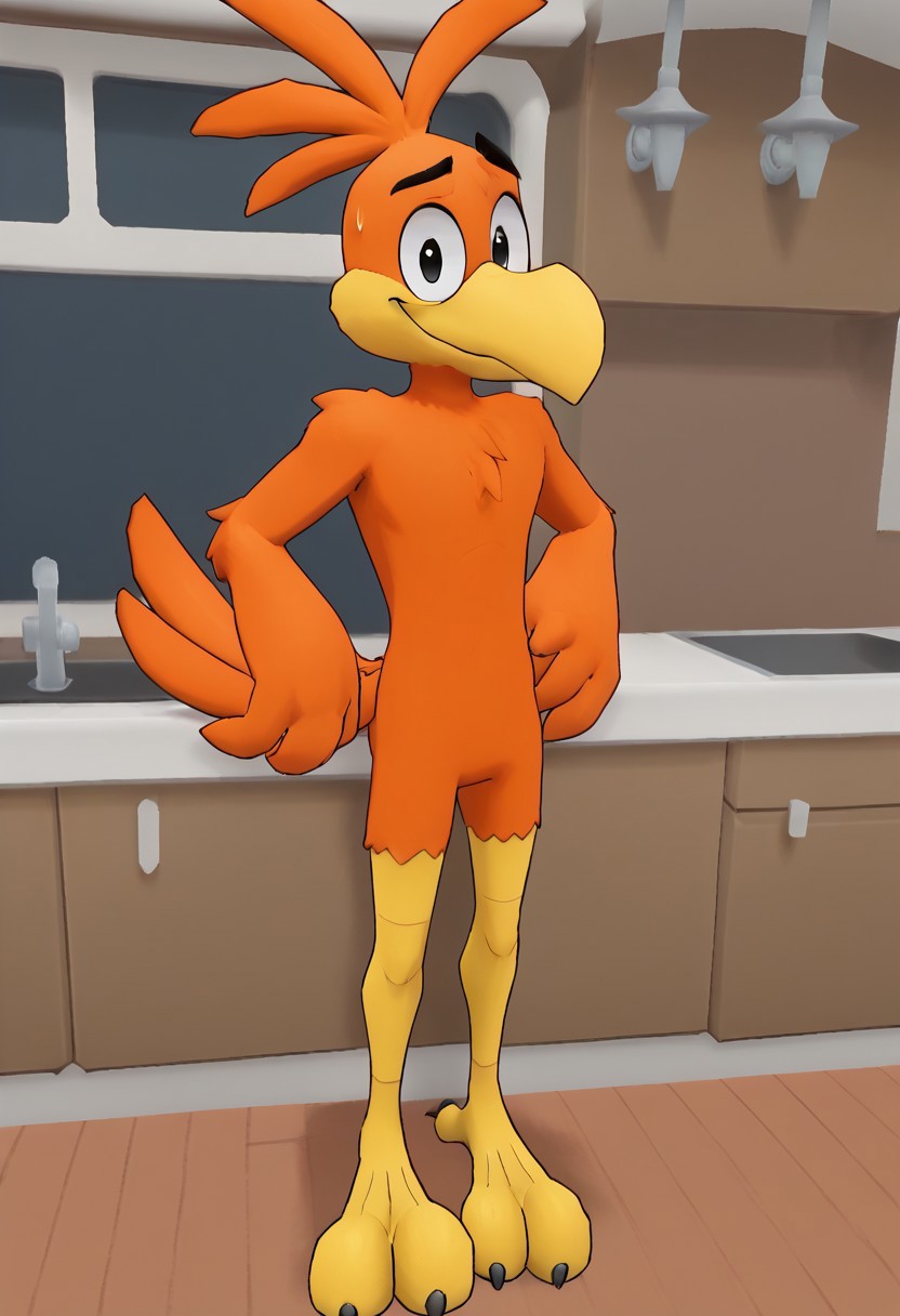 digital_media_(artwork) score_9, score_8_up, score_7_up, score_6_up, score_5_up, score_4_up,
sonny, bird, orange feathers, bird anthro, male, 1boy, solo, anthro, featureless chest, tail, raised tail, bird tail, kitchen, interior, inside, furry male, furry, black eyes, simple eyes, cartoony style, cartoony eyes, standing,
medium long shot, masterpiece, 8k, best quality, anthro, absurd res, perfect face, perfect eyes, detailed face, detailed eyes, 4 fingers, closed mouth,
front view, looking at viewer, facing viewer,
nervous, nervous expression, nervous smile, closed mouth,
arms resting at sides, (3D:0.7),