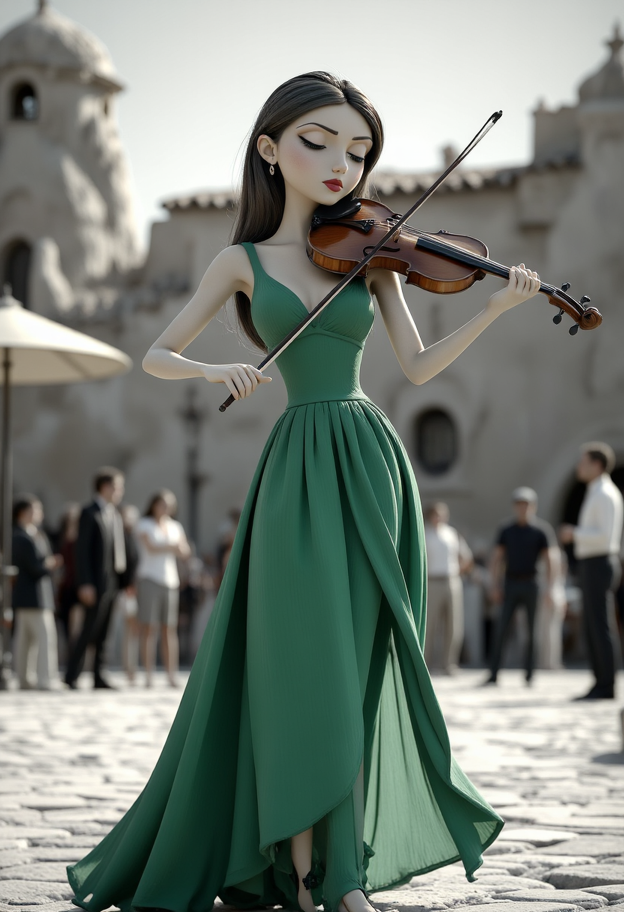 3dc4r1c4t9r3a, A beautiful female electric violinist, wearing green dress,  alone in a big desert Italian place.  Everything else in the image is black and white, including the background and architectural elements.Spotlight on the violinist, Engrossed crowd, High contrast, Intricate violin details, Dynamic performance pose. diclrpp