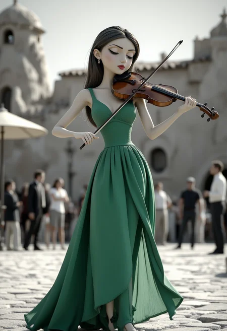 3dc4r1c4t9r3a, A beautiful female electric violinist, wearing green dress, alone in a big desert Italian place. Everything else in the image is black and white, including the background and architectural elements.Spotlight on the violinist, Engrossed crowd, High contrast, Intricate violin details, Dynamic performance pose. diclrpp