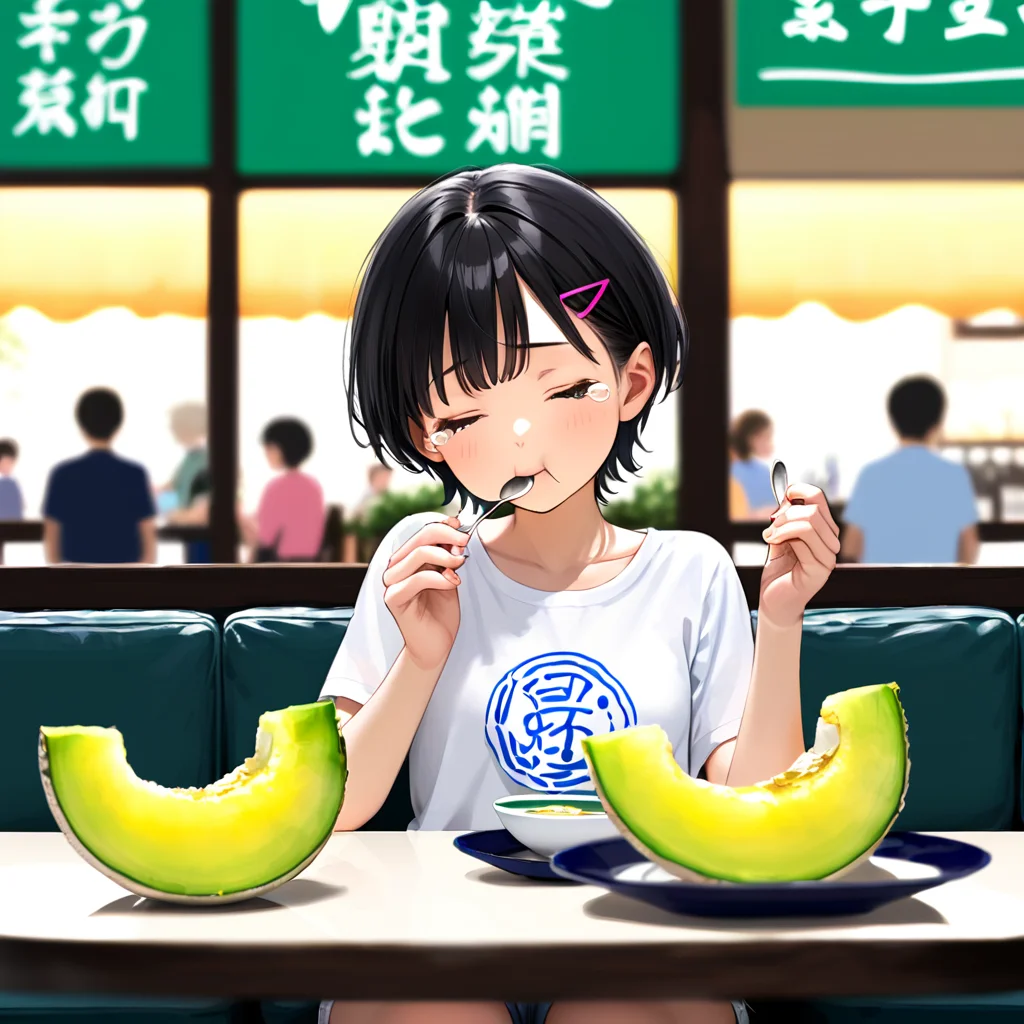 score_9, score_8_up, score_7_up, source_anime, best quality, perfect anatomy , very aesthetic , absurdres ,
1girl, young girl, small breast, very short hair, round face, hair clip on front hair,
graphic t-shirt, short pants, bare legs, sandal,
cafe, sliced melon, table, sitting,
rating_safe, upper body shot, eating, holding table-spoon, closed eyes, tearing up, yummy, <lora:melon_3x3x3mixxlv2_sdxl:1.3>,