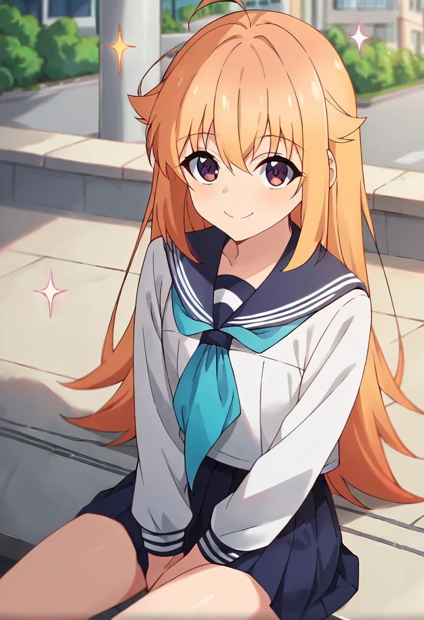 score_9, score_8_up, score_7_up, source_anime, masterpiece, 1girl, ctiank0shi, serafuku, sailor collar, blue neckerchief, skirt, long sleeves, outdoors, sunny, city, depth of field, <lora:Koshi_Torako_pony_ct:1>, sitting, arms between legs, looking at viewer, smile, sparkle,