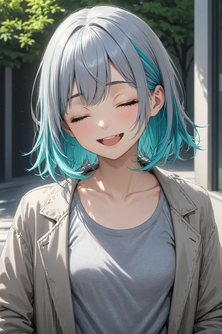 1girl, solo, aqua hair, breasts, closed eyes, collarbone, eyebrows hidden by hair, grey hair, grey jacket, grey shirt, jacket, long bangs, medium hair, multicolored hair, open clothes, open jacket, open mouth, shirt, sidelocks, small breasts, smile, streaked hair, upper body, masterpiece, best quality
