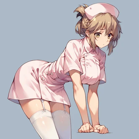 score_9, score_8_up, score_7_up, score_6_up, score_5_up, score_4_up,
simple background, 
1girl, akagi mio, pink nurse, updo, white thighhighs, garter straps, 
 <lora:akagi_mio_pony_v1:1>