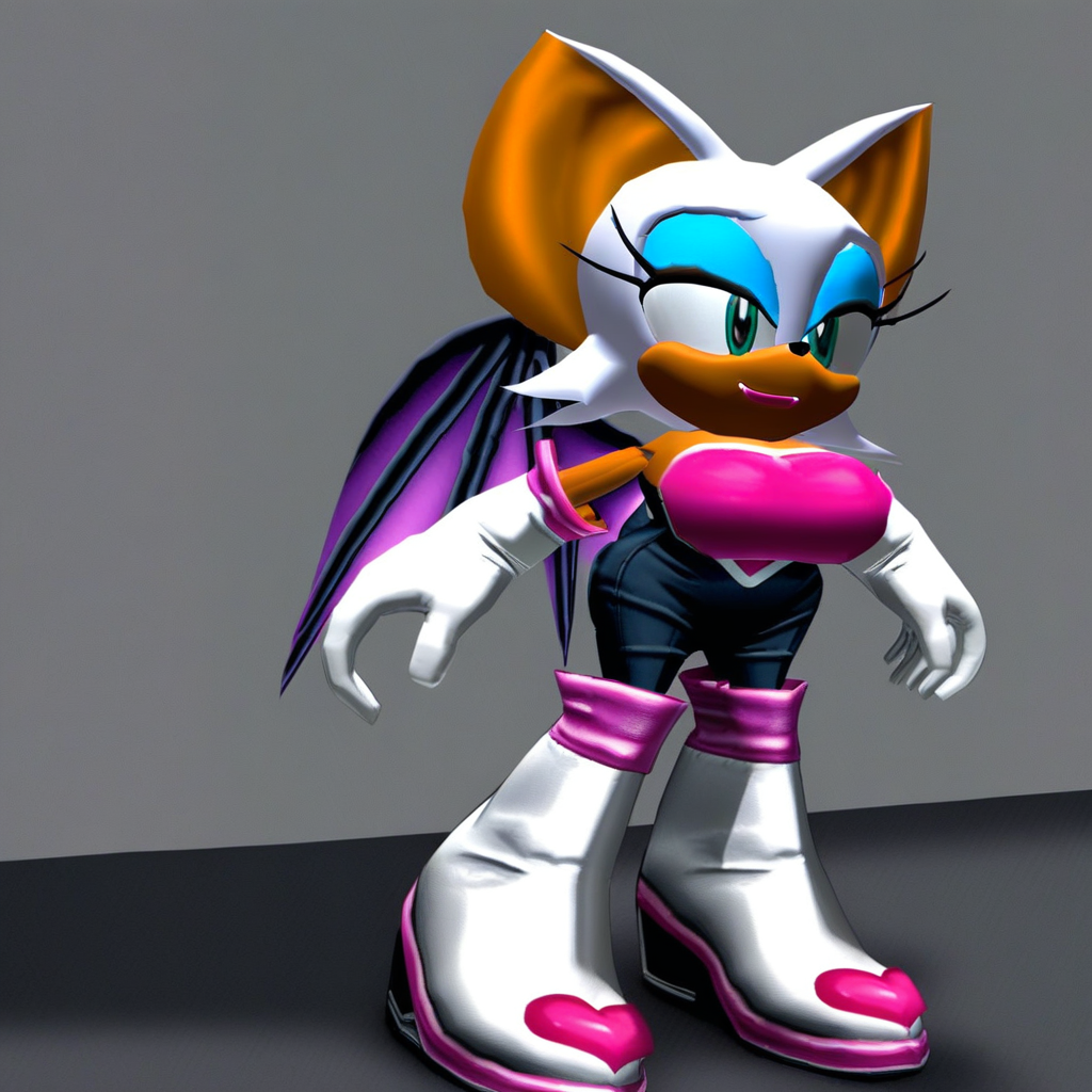 Heart shaped breast plate, green eyes, heart breast plate, big bat ears, bat wings attached to back, bodysuit, Bare shoulder, long white gloves, anthro, rouge, long white boots