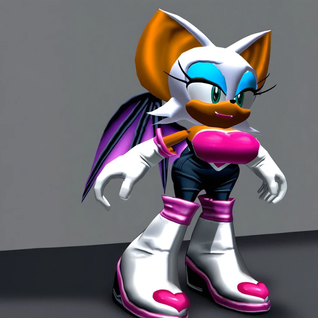 Heart shaped breast plate, green eyes, heart breast plate, big bat ears, bat wings attached to back, bodysuit, Bare shoulder, long white gloves, anthro, rouge, long white boots