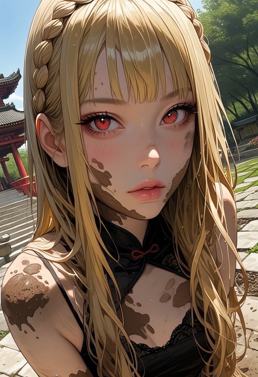 long length hair, golden hair, crown braid, half up and down hairstyle, bright red eyes, oval face, sun-kissed skin with a sprinkling of freckles, slim body, medium high, expressive eyebrows, full lips, small breast, detailed background, chinese temple,
outdoor,  garden, black hanfu, taking care of plants, dirty, muddy, tiresome, dutch angle, looking at viewer,