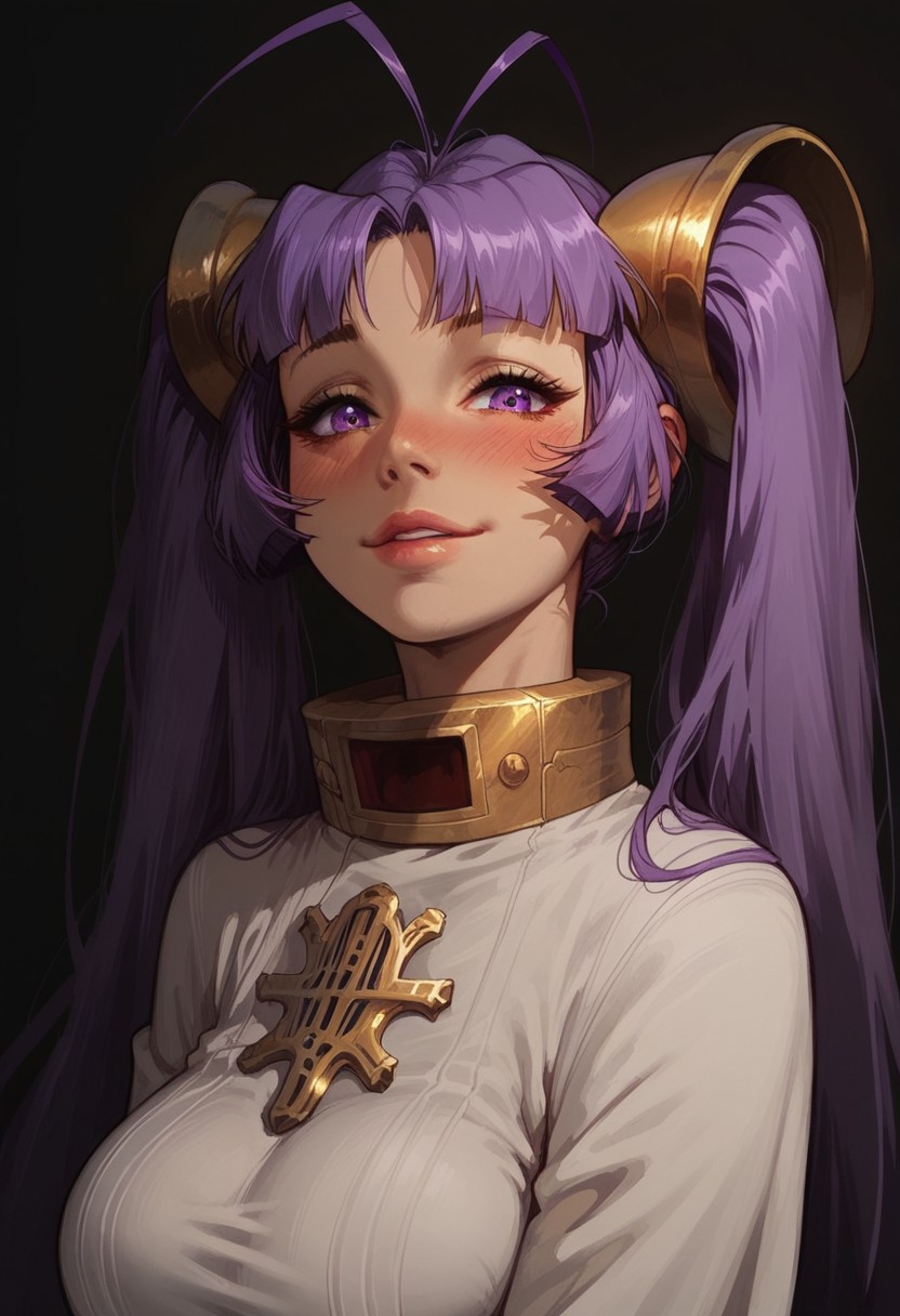 score_9, score_8_up, score_8. score_9, score_8_up, score_7_up, score_6_up, masterpiece, 4k, high quality, (best quality:1.1), ExpressiveH, close up
1girl, solo, binko (super bingo), twintails, purple eyes, purple hair, very long hair, antenna hair, yellow_hair_ornament, large breasts, blushing, looking at viewer, smiling, g0dd3ss, white dress
green background