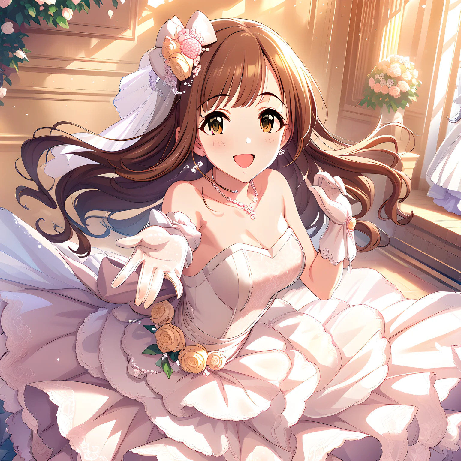 (masterpiece),(best quality),(ultra-detailed),(best illustration),(best shadow),(absurdres),(detailed background),(very aesthetic), kyoko igarashi, weddingdress, brown hair, dress, gloves, brown eyes,long hair,  strapless dress, jewelry, smile, open mouth, flower, strapless<lora:Kyoko_Igarashi__äºååµé¿å­_-_The_Idolmster_Cinderella_Girls__ã¢ã¤ãã«ãã¹ã¿ã¼ã·ã³ãã¬ã©ã¬ã¼ã«ãº_SDXL_Animagine_XL_3.1:1>