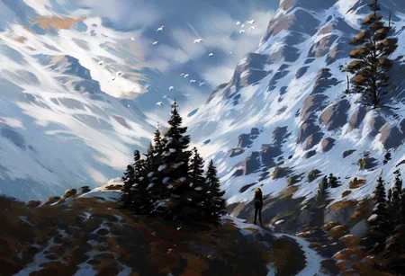 score_9,score_8_up,score_7_up,source anime,an epic view of a forest and a mountain,scenery,landscape,Sunny day,beautiful clouds,a man standing with his back to the camera,Snow covered mountains looming through the clouds,A flock of flying birds,<lora:OilpaintIMP:1>,4rch,