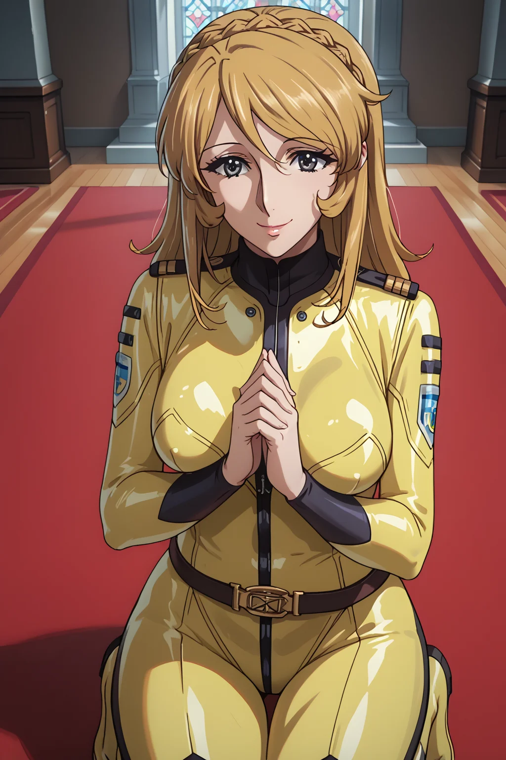 score_9, score_8_up, score_7_up, score_6_up, score_5_up, score_4_up, source_anime, BREAK, (extremely detailed CG, best quality:1.1), high quality, masterpiece, mature female, nfsw, uncensored, milf,  1girl, solo, long hair, breasts, smile, blue eyes, blonde hair, bown hair, brown eyes, medium breasts, belt, uniform, grey eyes, military, bodysuit, skin tight, yellow bodysuit, epaulettes, boots, Yuki Mori, mature female, bridal veil, crown braid,  praying, habit, perspective,  cathedral, red carpet, romantic, full body, <lora:Yuki_Mori:1> <lora:cfg_scale_boost:0.3>