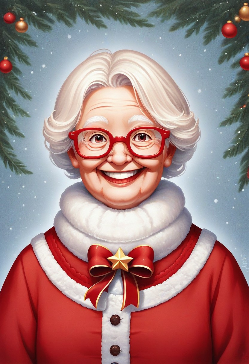 mclaus, white hair, old women, glasses, red christmas dress, portrat, Digital art, semi-realism, stylized portrait, painterly, smooth shading, smiling, solo,