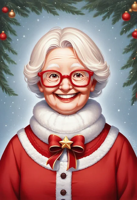 mclaus, white hair, old women, glasses, red christmas dress, portrat, Digital art, semi-realism, stylized portrait, painterly, smooth shading, smiling, solo,