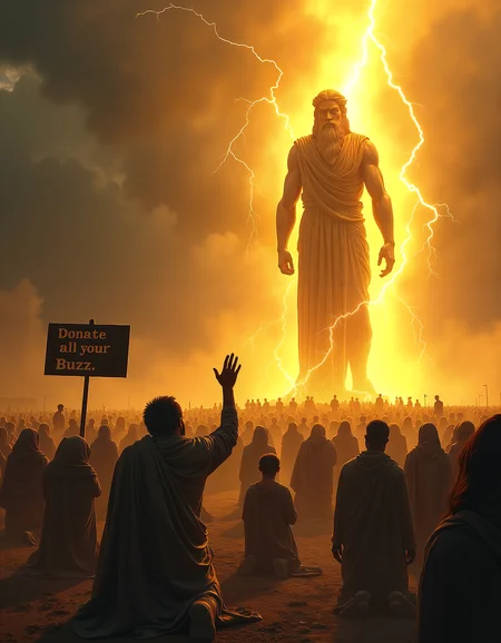 giant lightning symbol statue with a strong Greek god man statue,lightning symbol,crowd of people worshiping the statue,the lightning statue is glowing with a bright like yellow color,neon,people wear rag clothes,dirty torn clothes,very poor,praying,kneeling down,arm up to the sky,(text speech bubble "Donate all your Buzz":2)