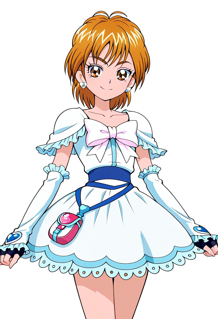 score_7, high_resolution, hyper_detail, finely_detailed,anime_screencap, traditional_media,detailed face,futari wa precure,misumi nagisa, cure white, 1girl, solo, jewelry, earrings, smile, white background, short hair, heart earrings, looking at viewer, heart, skirt, simple background, brown eyes, detached sleeves, brown hair, collarbone, bow, standing, magical girl, cowboy shot, shiny hair, capelet, white skirt, shiny, eyelashes, fingerless gloves, miniskirt, closed mouth, white bow, orange hair