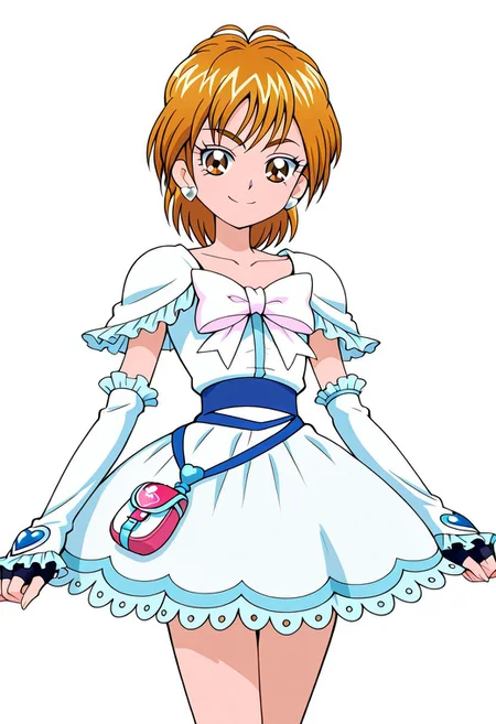 score_7, high_resolution, hyper_detail, finely_detailed,anime_screencap, traditional_media,detailed face,futari wa precure,misumi nagisa, cure white, 1girl, solo, jewelry, earrings, smile, white background, short hair, heart earrings, looking at viewer, heart, skirt, simple background, brown eyes, detached sleeves, brown hair, collarbone, bow, standing, magical girl, cowboy shot, shiny hair, capelet, white skirt, shiny, eyelashes, fingerless gloves, miniskirt, closed mouth, white bow, orange hair