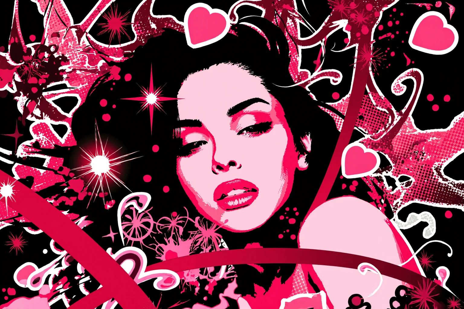 seductive woman with tousled hair and a confident gaze, lips slightly parted in a teasing smile, head tilted and eyes half-lidded, glossy highlights, surrounded by floating hearts, glowing rings, swirling lines, halftone dot overlays, ink splashes, and floral curls, framed with bold red and hot pink hues accented by soft white highlights, all set against a solid black background with a thick white sticker-style outline, layered elements flowing in circular motion around her, scattered sparkles and starbursts adding a dreamy glow, Frutiger Metro / Y2K vector art style with flirtatious energy and strong contrast lighting.