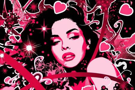 seductive woman with tousled hair and a confident gaze, lips slightly parted in a teasing smile, head tilted and eyes half-lidded, glossy highlights, surrounded by floating hearts, glowing rings, swirling lines, halftone dot overlays, ink splashes, and floral curls, framed with bold red and hot pink hues accented by soft white highlights, all set against a solid black background with a thick white sticker-style outline, layered elements flowing in circular motion around her, scattered sparkles and starbursts adding a dreamy glow, Frutiger Metro / Y2K vector art style with flirtatious energy and strong contrast lighting.