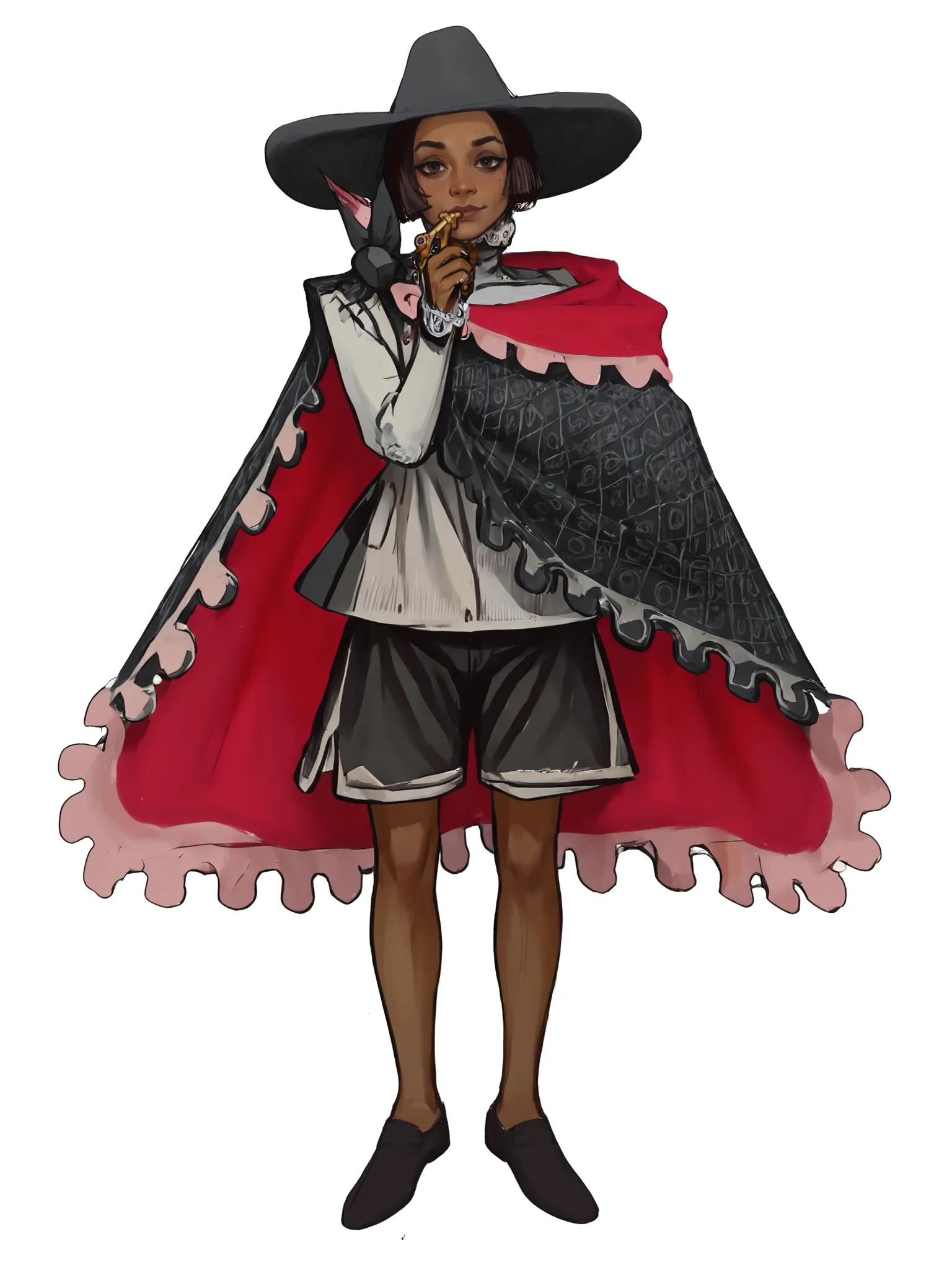 1girl, shirt, shorts, standing, looking at viewer, (score 9 up, score 8 up, highest score, highest quality), extreme detail, western art,
black headwear, dark skin, looking at viewer, short hair, black footwear, cape, shoes,dark-skinned female, brown hair
 <lora:[mossacannibalis] Experimental 1 image 40 Repeat 10 Epochs Lora Style Specific Image 162 Experiment PonyXL:1.15>