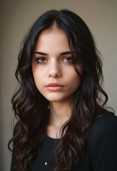 realistic, 23yo girl, long wavy black hair, brown eyes, UHD, photorealistic, best quality, masterpiece, 16K, cinematic