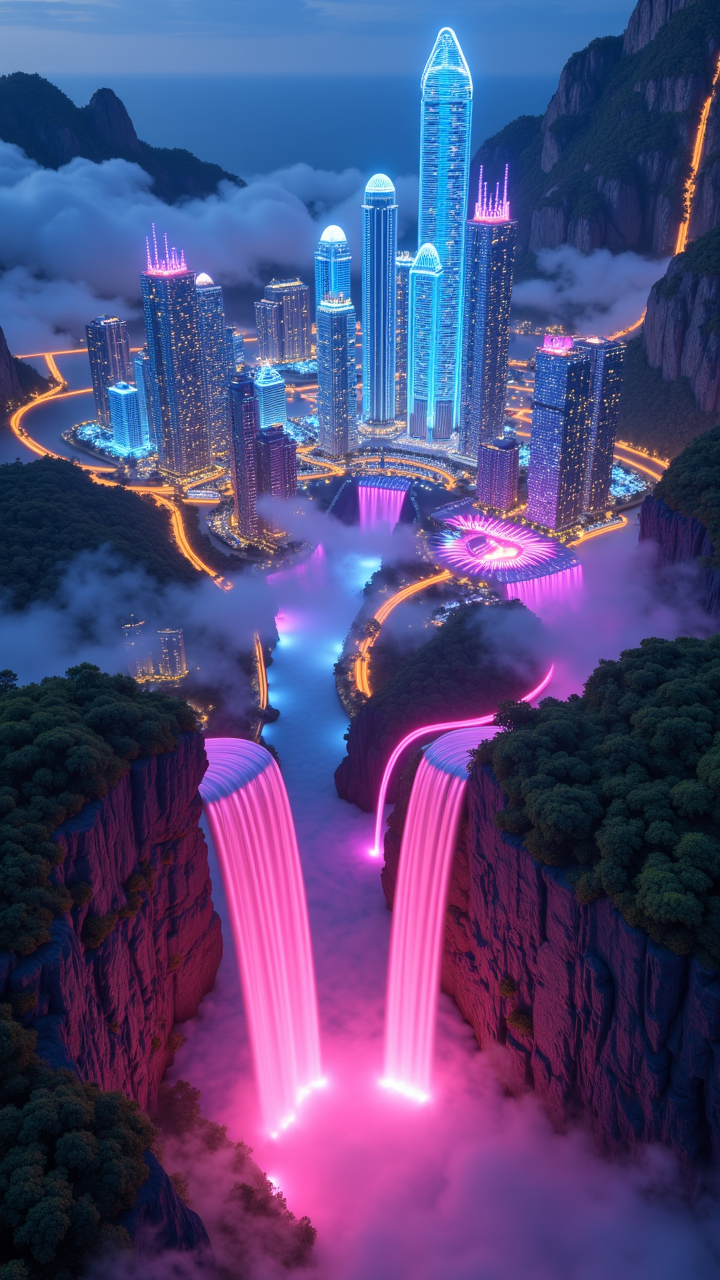A floating city made of neon lights and skyscrapers, where digital waterfalls of code cascade down into a glowing grid of clouds,   ,aidmaHyperrealism