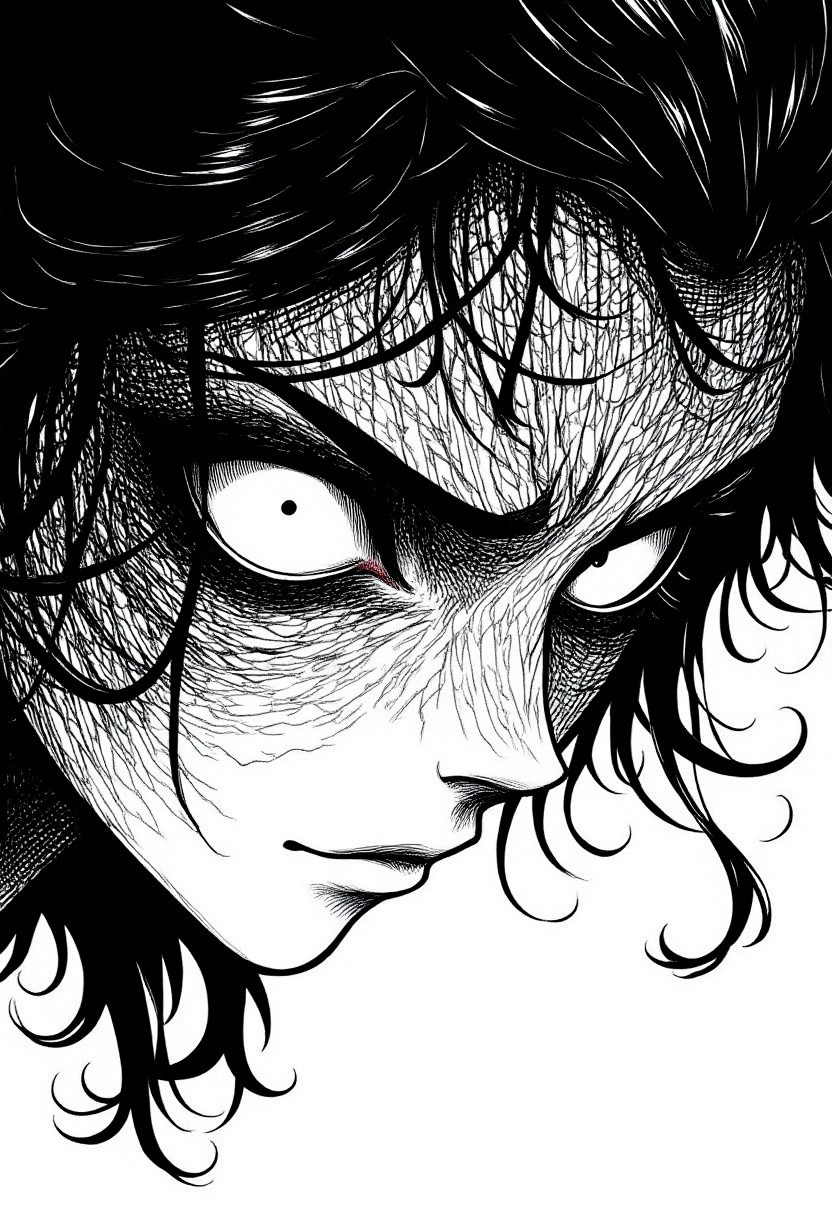 nistyle, Extreme macro close-up ink drawing of piercing, glowing eyes with a confident, menacing expression. Intricate black and white linework captures every detail of the eye structure, including delicate eyelashes, fine creases, and subtle wrinkles. Wild, dark hair frames the eyes in swirling patterns with meticulous line detail. The eyes crinkle slightly at the corners to suggest a knowing, dominant smile. High contrast monochromatic illustration with deep blacks and precise hatching techniques.