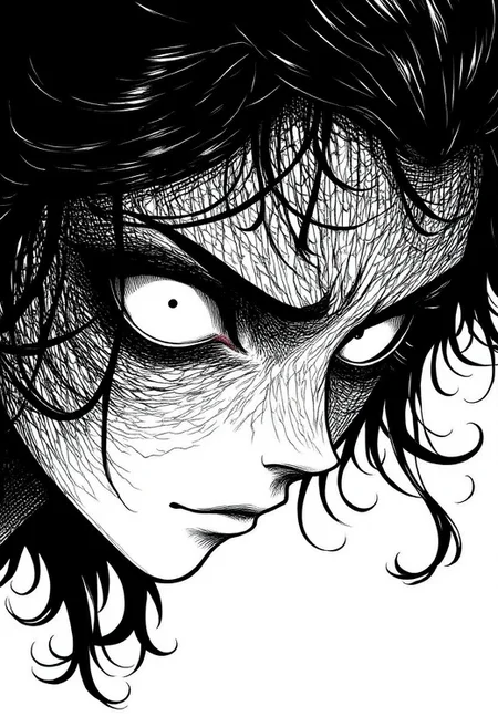 nistyle, Extreme macro close-up ink drawing of piercing, glowing eyes with a confident, menacing expression. Intricate black and white linework captures every detail of the eye structure, including delicate eyelashes, fine creases, and subtle wrinkles. Wild, dark hair frames the eyes in swirling patterns with meticulous line detail. The eyes crinkle slightly at the corners to suggest a knowing, dominant smile. High contrast monochromatic illustration with deep blacks and precise hatching techniques.