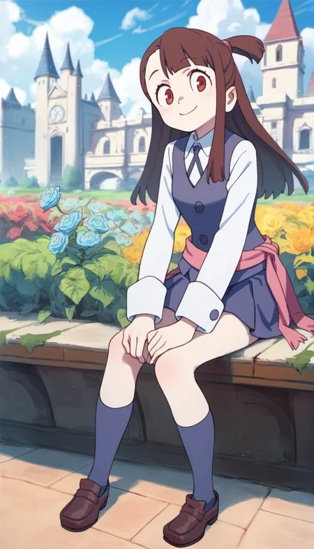 score_9,score_8_up,score_7_up,
<lora:AtsukoKagari:0.9>,akkokagari,
1girl,solo,brown hair,long hair,bangs,short ponytail,pink hair tie,red eyes,looking at viewer,smile,
white long sleeve shirt,white collar,bowtie,dark blue vest,pink waist ribbon,dark blue short skirt,
blue socks,leather shoes,
full body,sitting,
blurry background,outdoors,bloom,light particles,lens flare,cloud,cityscape,magic academy,castle,garden,courtyard,