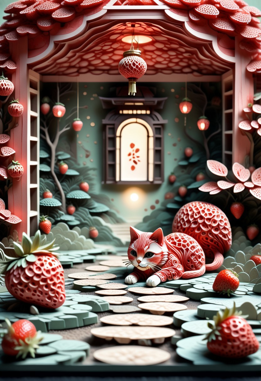 lazypos, Strawberry Teahouse is cozy teahouse nestled within a strawberry in a quiet garden, with bonsai trees, stepping stones, and paper lanterns shaped like tiny berries. A cat naps at the doorway. Muted vintage palette, overhead tilt-shift style, soft focus and glowing ambient light.
Style tags: peaceful surrealism, miniature realism, minimalist composition, clean and detailed, clear smooth lines, cozycore, strawberry fusion, bold striking strawberry red, saturated reds, Paper Quilling, Layered Paper, low-poli, voxels, voronoi, whimsical,