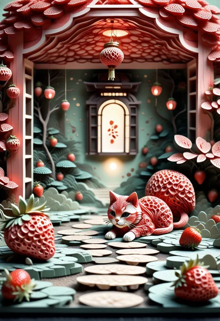 lazypos, Strawberry Teahouse is cozy teahouse nestled within a strawberry in a quiet garden, with bonsai trees, stepping stones, and paper lanterns shaped like tiny berries. A cat naps at the doorway. Muted vintage palette, overhead tilt-shift style, soft focus and glowing ambient light.
Style tags: peaceful surrealism, miniature realism, minimalist composition, clean and detailed, clear smooth lines, cozycore, strawberry fusion, bold striking strawberry red, saturated reds, Paper Quilling, Layered Paper, low-poli, voxels, voronoi, whimsical,