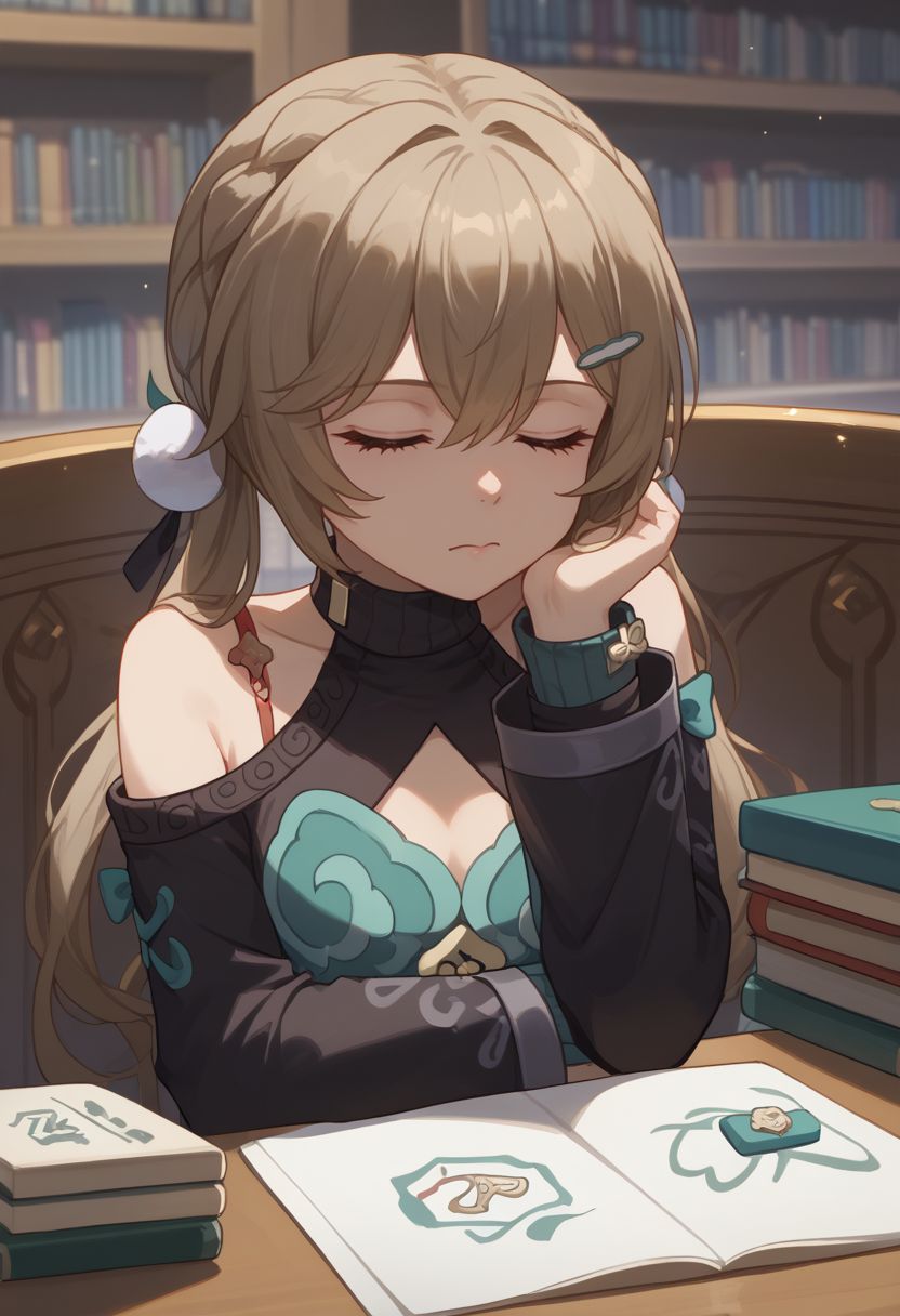 score_9, score_8_up, score_7_up, source_anime, 1girl, qingquedef, closed eyes, brown hair, long hair, twintails, braid, hair ornament, hairclip, small breasts, bare shoulders, shoulder cutout, clothing cutout, cleavage cutout, turtleneck, dress, long sleeves, skirt, tassel, mahjong tile, sitting, on chair, table, head rest, closed mouth, sleeping, spoken zzz, looking at viewer, indoors, library, portrait, close-up, upper body, facing viewer, <lora:Qingque_v1-000010:1>