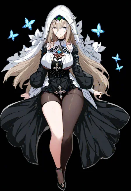 aponia \(honkai impact\),
(aponia, nun, def clothe), 1girl, breasts, bangs,blue eyes,long hair, hair between eyes, blue butterfly, longsleeves,veil,
masterpiece, best quality, very aesthetic, absurdres, 1milf, 1adult, solo, full_body, tachi-e,
