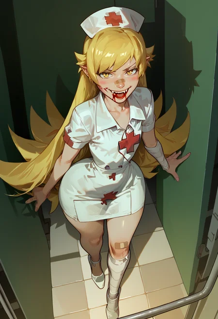 score_9, score_8_up, score_7_up, score_6_up, aesthetic , (1girl), (solo), Oshino_Shinobu, yellow_eyes, blonde_hair, long_hair, flat_chest, pointy_ears, blush_stickers, huge ass, thick thighs , wide hips , (big lips:0.7), nurse outfit, nurse cap, hospital, night, bandaged arm, bandaged leg, bandaid on cheek, blood on a floor, looking at viewer , short sleeves, very long hair, standing, dynamic angle, blushing, bloody mouth, blood on face, blood on clothes,  smiling, fangs, vampire fangs,
<lora:Expressive_H:1>, <lora:incase-ilff-v3-4:0.3>, <lora:saigalisk_pd:0.8> <lora:add-detail-xl:0.3>  <lora:Shinobu_Pony:1> <lora:Blood_-_Bloody_Hands__Mouth__Breasts:0.5>