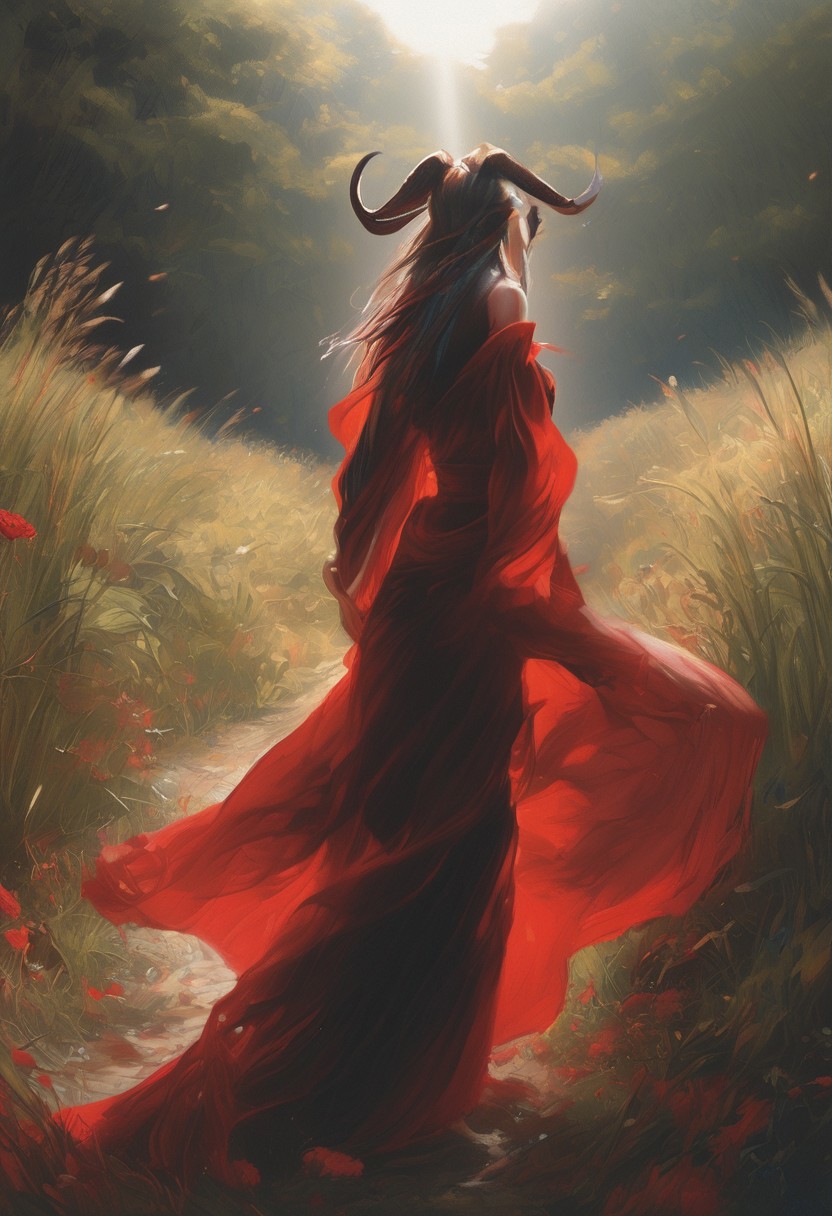 1girl,  (by 
noland, by narue
:1.2), (by aleriia v:0.9),  painting \(medium\),  cinematic shot, safe,
tall female, long legs, narrow waist, demon girl, (goat horns, black horns:1.2), solo, red sundress, (floating hair, wind, floating clothes:1.2), loose clothes, long clothes, very long dress,  red eyes, half-closed eyes, motion blur, looking to the side, averting eyes, 
outdoors, meadow, field, tall grass, sunlight, sun, horizon, dutch angle, dynamic angle, dynamic pose, (black theme, red theme, blood theme:1.2),
,masterpiece, highres, greatscore, absurdres,