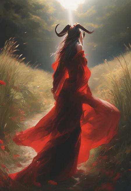 1girl, (by
noland, by narue
:1.2), (by aleriia v:0.9), painting \(medium\), cinematic shot, safe,
tall female, long legs, narrow waist, demon girl, (goat horns, black horns:1.2), solo, red sundress, (floating hair, wind, floating clothes:1.2), loose clothes, long clothes, very long dress, red eyes, half-closed eyes, motion blur, looking to the side, averting eyes,
outdoors, meadow, field, tall grass, sunlight, sun, horizon, dutch angle, dynamic angle, dynamic pose, (black theme, red theme, blood theme:1.2),
,masterpiece, highres, greatscore, absurdres,