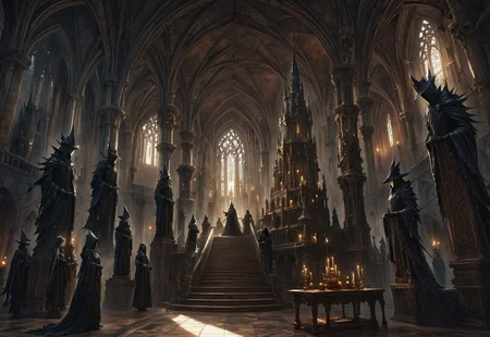 1other, indoors, balcony, window, stained glass, tower, stairs, multiple others, ambiguous gender, fantasy, architecture, altar, standing, weapon, multiple boys, arches, flying buttresses, (low-angle high-angle shot of a grand hall capturing the castle's grandeur:1.2).
The castle is decorated with antique furniture and statues. Two hooded acolytes, dressed in dark clothing, are performing a dark ritual at an altar. A disturbing and ominous scene inside a gothic castle., The illustration captures a sense of mystery and intrigue.,
anime artwork, anime style, studio anime, realistic, hyperrealism,
highly detailed, masterpiece, best quality, very aesthetic, absurdres, cinematic lighting,
DonM3t3rn1tyXL, Bloodborne, artchlr, DonMG414XL, otclillsn,